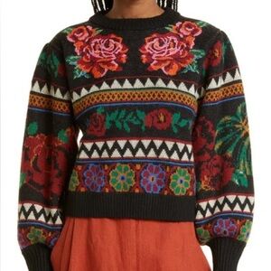 FARM Rio Black Flower Tapestry Embroidered Sweater